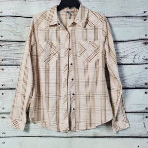 BKE Fitted Western Plaid Shirt Women’s Medium Pearl Snap Beige Brown Long Sleeve